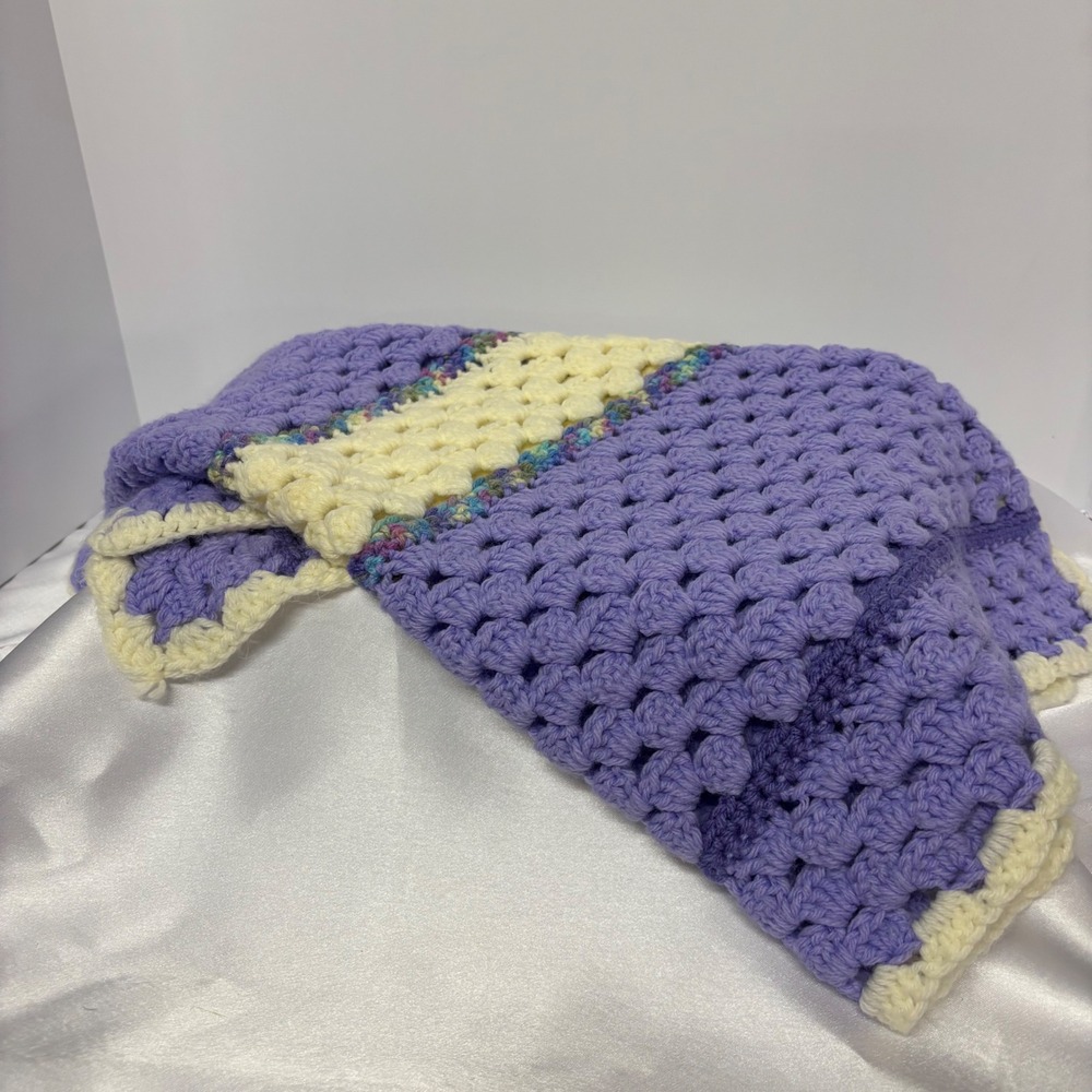 Crochet Baby‎ Blanket Lap Throw Purple and Cream Handmade Afghan  30 x 25